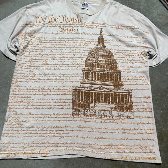 Vintage 90s Bayside “We The People” Constitution AOP Tee Tan Brown Mens XL Shirt - Picture 2 of 4
